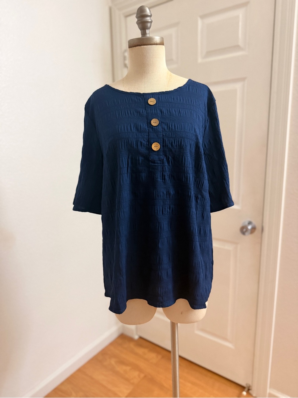 Navy Button-Detail Textured Tunic Top